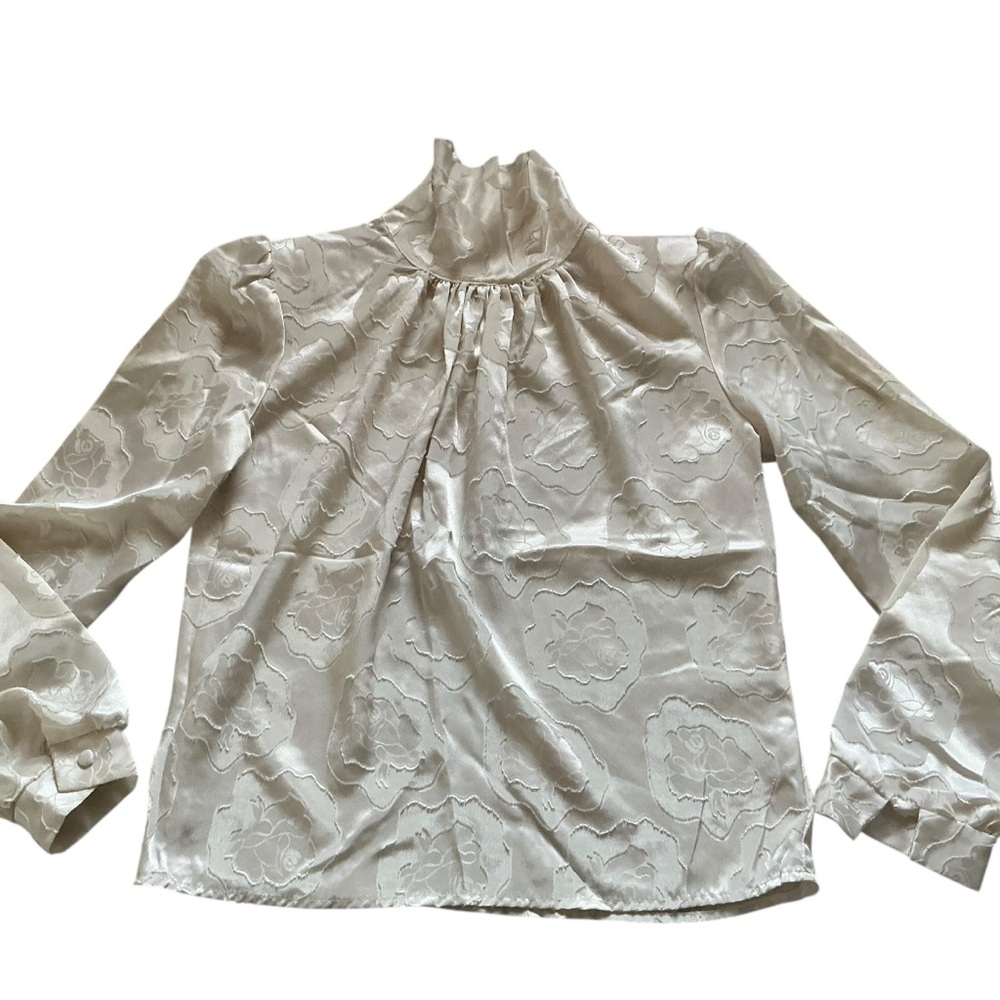 Vintage Daniela blouse white satin long sleeve jacquard pattern turtleneck sz S